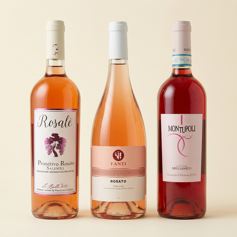 Rosé-Probierpaket mit Rosalé von La Bella Vita, Fanti IGT Toscana Rosato und Miglianico Murelle Cerasuolo auf cremefarbenem Hintergrund